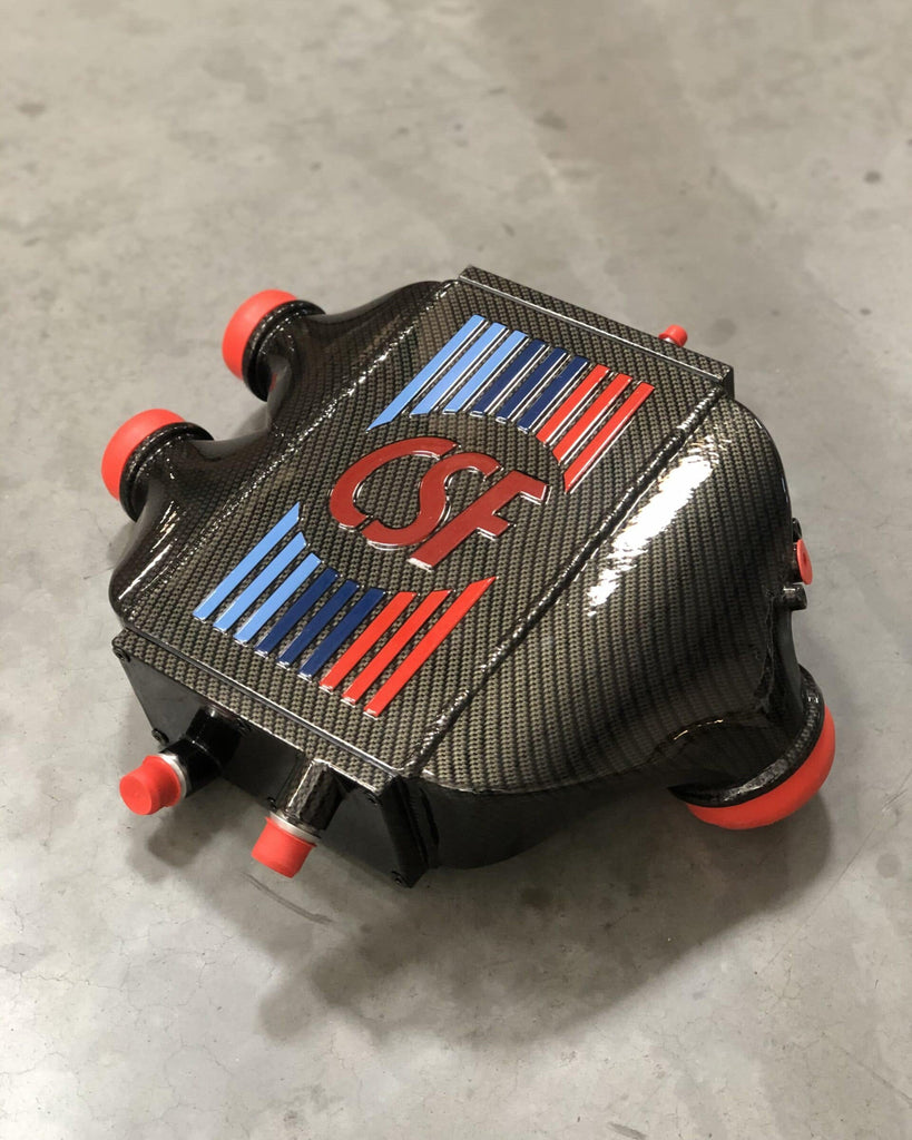 CSF #8082R F8X M3 / M4 / M2 Comp Top Mount Charge-Air-Cooler - Raw Finish custom finish - Hydro-dipped Carbon Fiber w/ BMW M Color Striping and sakhir orange logo +$900.00