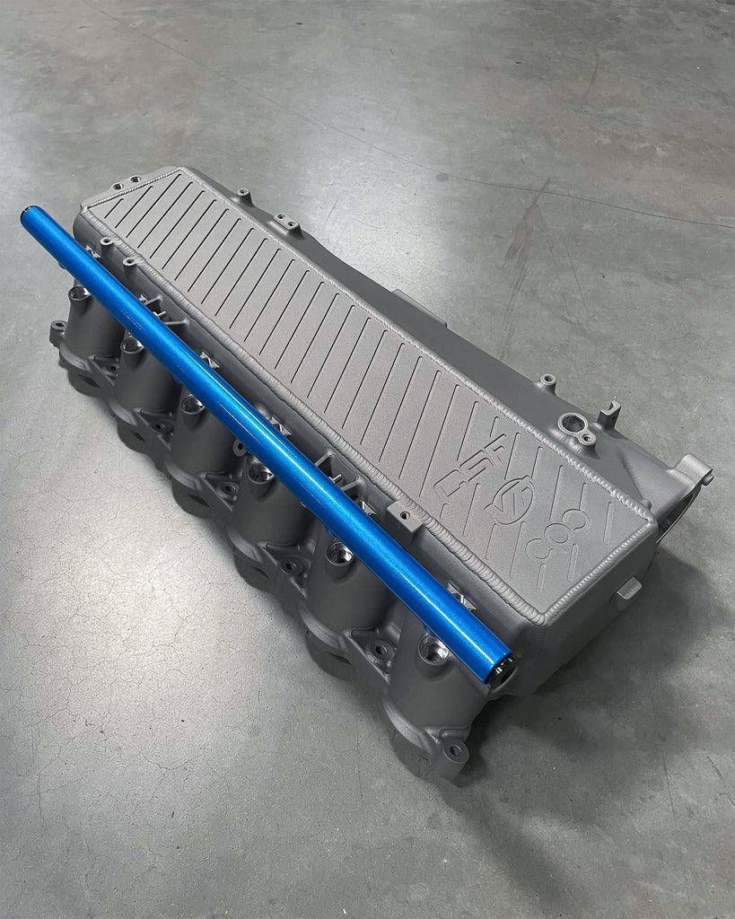 CSF #8200C A90 Supra / BMW B58 Charge-Air Cooler Manifold - Custom Finish custom finish - Thermal Grey with Cusco Blue Fuel Rail